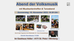 Abend der Volksmusik im Gasthof Höller in St. Peter/Wbg. am 16.11.2023